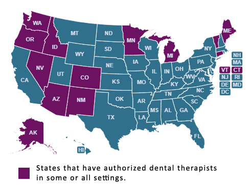Map of the united states showing that WA, OR, ID, NV, AZ, NM, CO, MN, MI, ME, CT, VT, AK have authorized dental therapists in some or all settings
